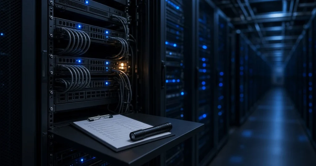 Аудит IT-инфраструктуры: серверная стойка с чек-листом аудита и фонариком